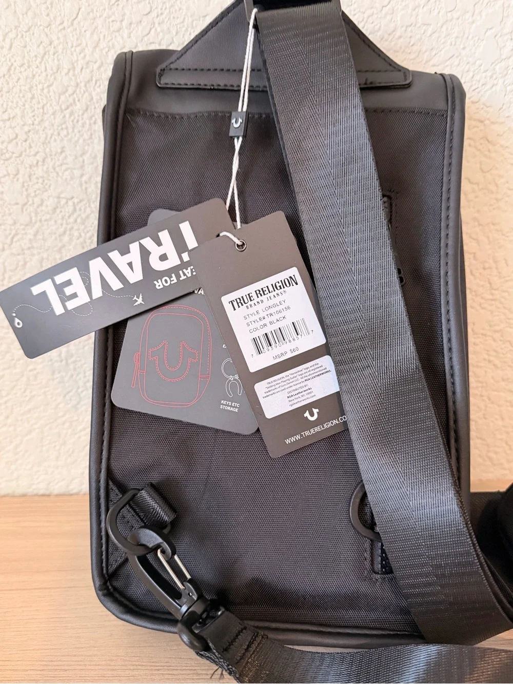 True Religion Black Leather Messenger Crossbody Bag for Men
